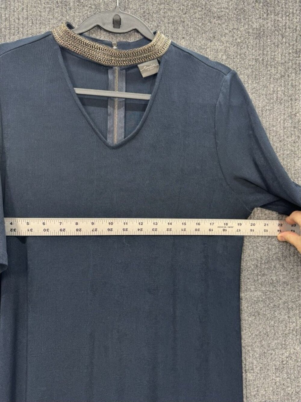 Chico’s Travelers Neck-Band Choker Dress Womens 2/Large Navy Blue Midi Slinky - Picture 9 of 13